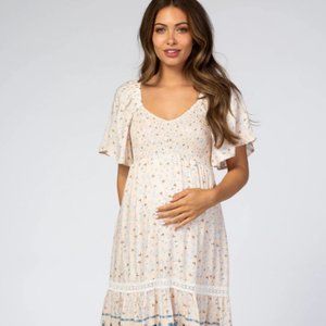 Cream Printed Smocked Maternity Midi Dress, Medium